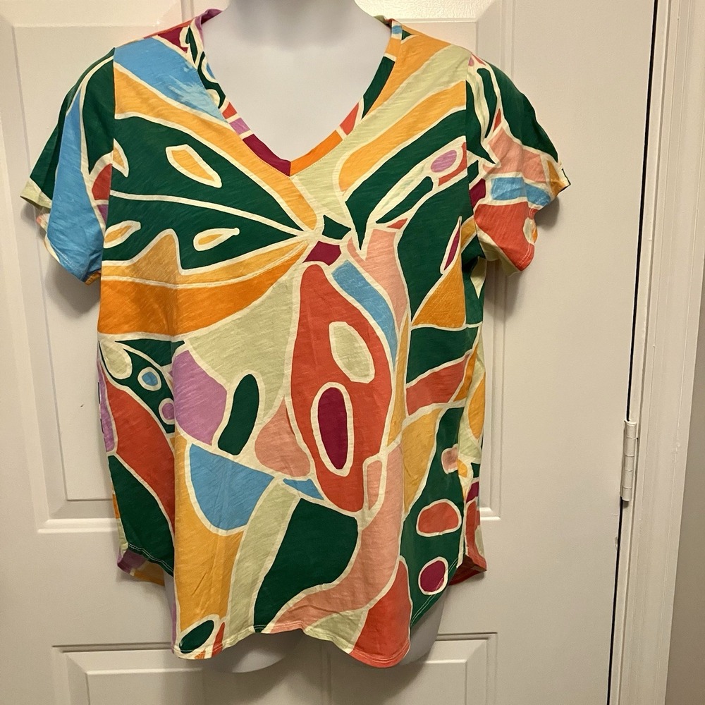 Christian Siriano Plus Size 1X Women's Orange Multi Art To Wear T Shirt Top